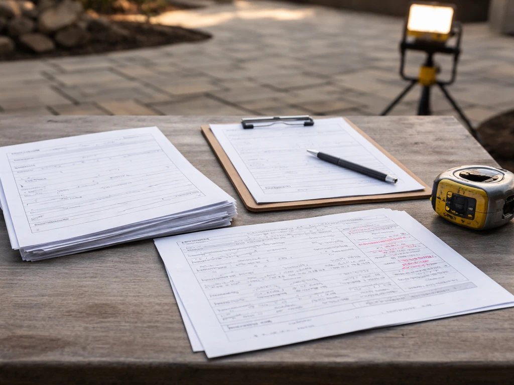 Signed change order paperwork and a cost estimate with red markup on patio project plans, no people.