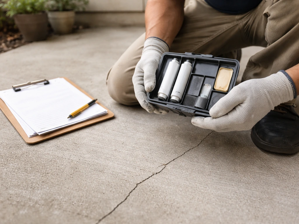 Technician in work gloves returning a small repair kit to touch up a minor patio leak or hairline crack