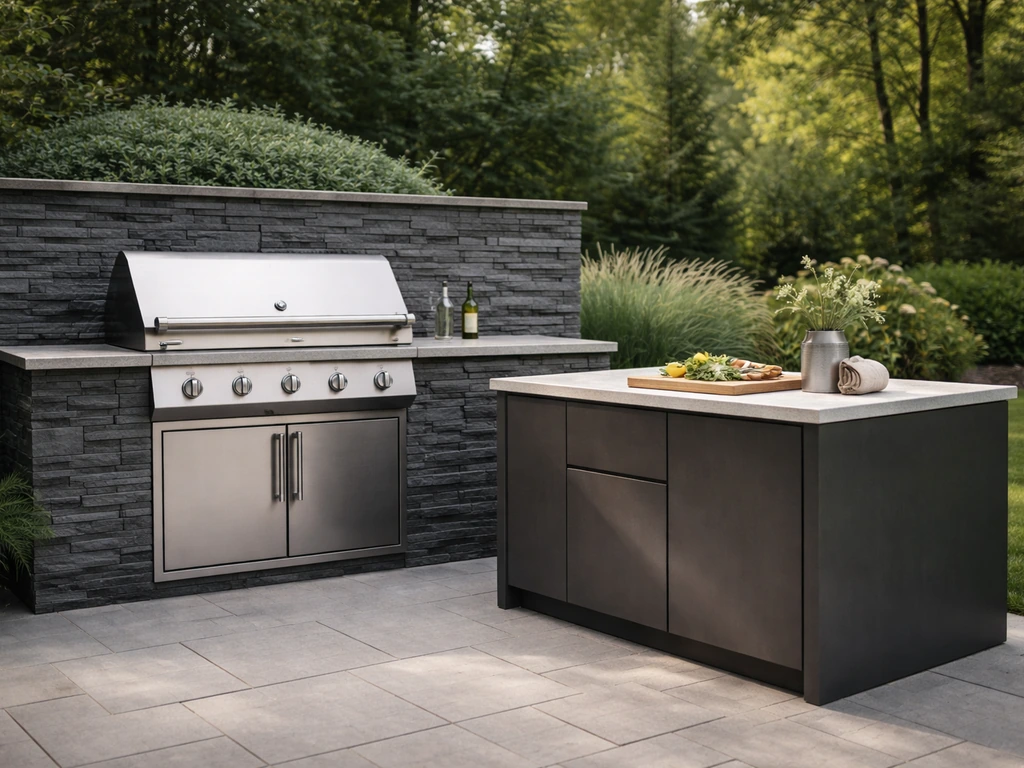 Modern outdoor patio with built-in grill and modular island elements under soft daylight