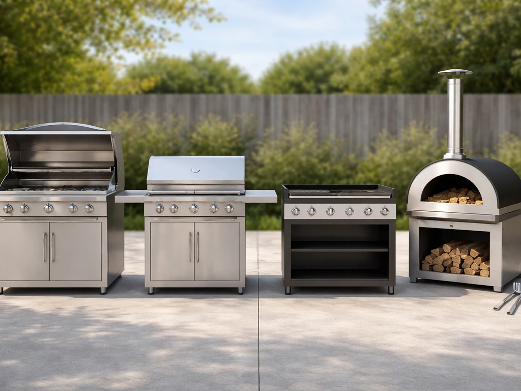 Outdoor cooking lineup: built-in grill, freestanding grill, griddle, pizza oven, and simple grill tools on a patio