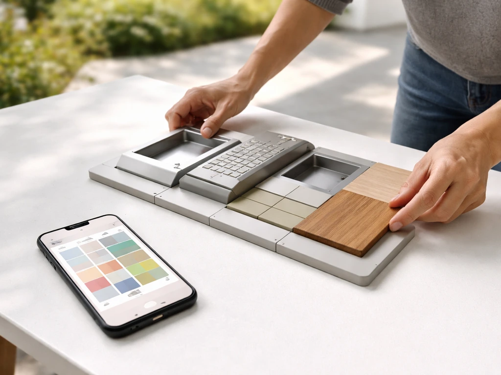 Hands smoothly assembling a modular outdoor kitchen while a phone shows an unlabeled configurator screen.