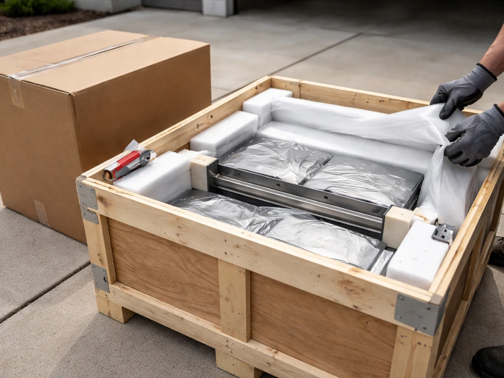 Gloved hands inspect modular grill components in a wooden crate with protective foam padding.