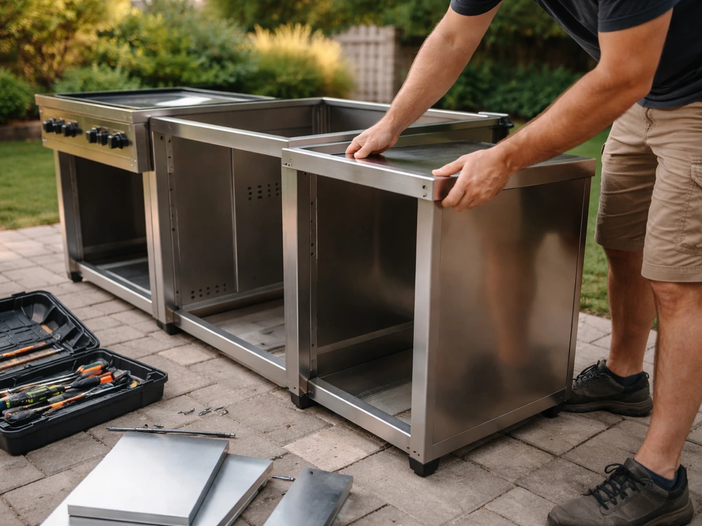 Hands assembling modular outdoor kitchen components on a patio with a toolbox nearby.