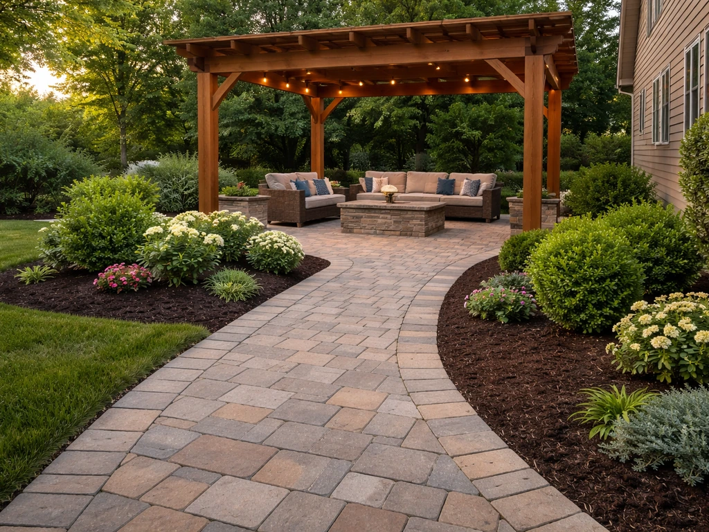 Inviting high-end paver patio with pergola, warm lighting, and neat landscaping in a Northwest Indiana backyard.