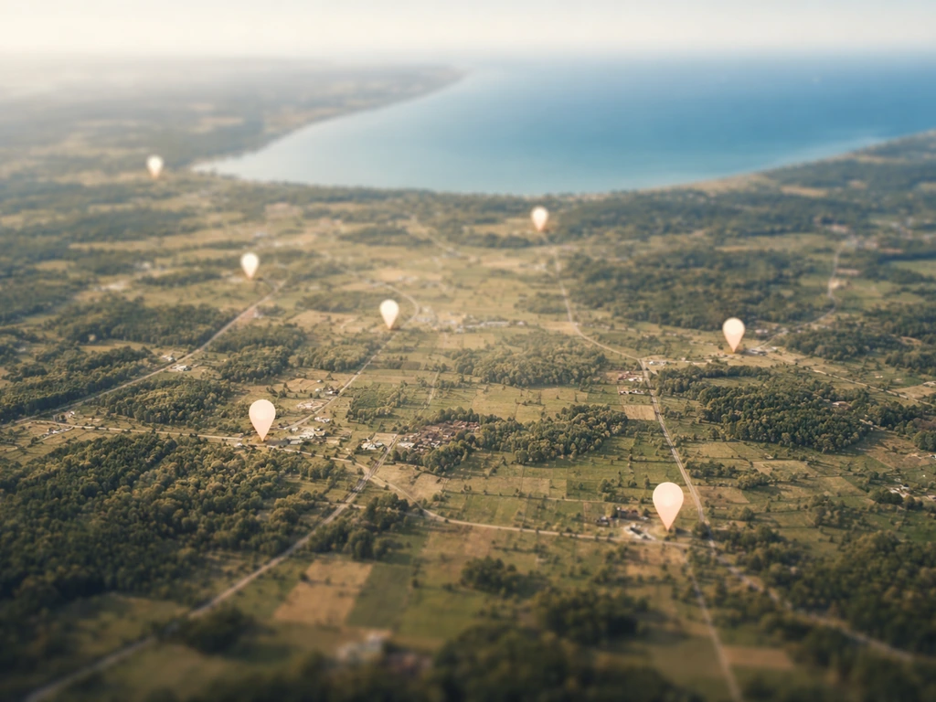 A subtle aerial landscape suggesting Northwest Indiana and Southwest Michigan with unlabeled town pinpoints.
