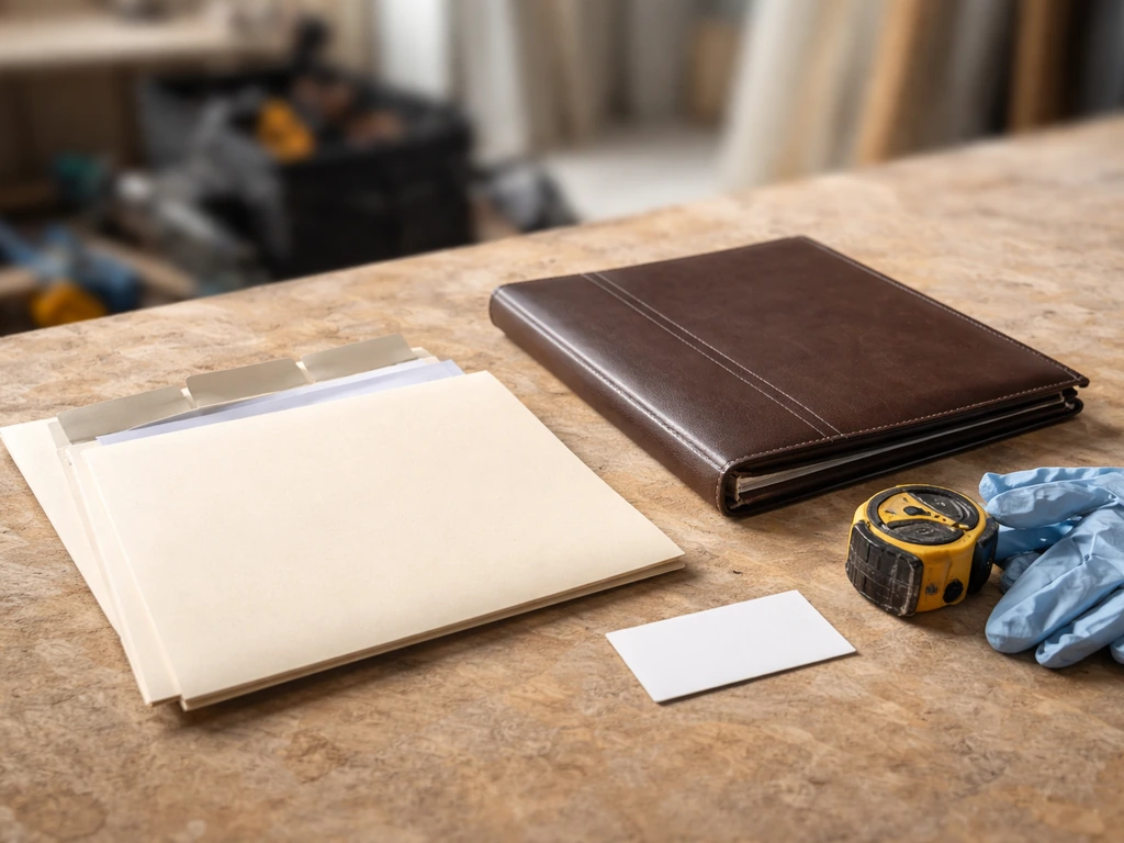 Contractor workbench with LLC paperwork folder and small non-branded address card