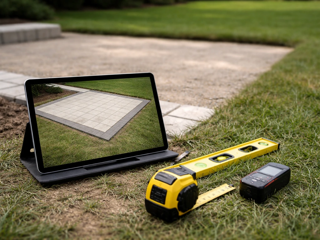 Tablet with 3D patio layout beside measuring tools on a patio site during a hardscape design workflow.