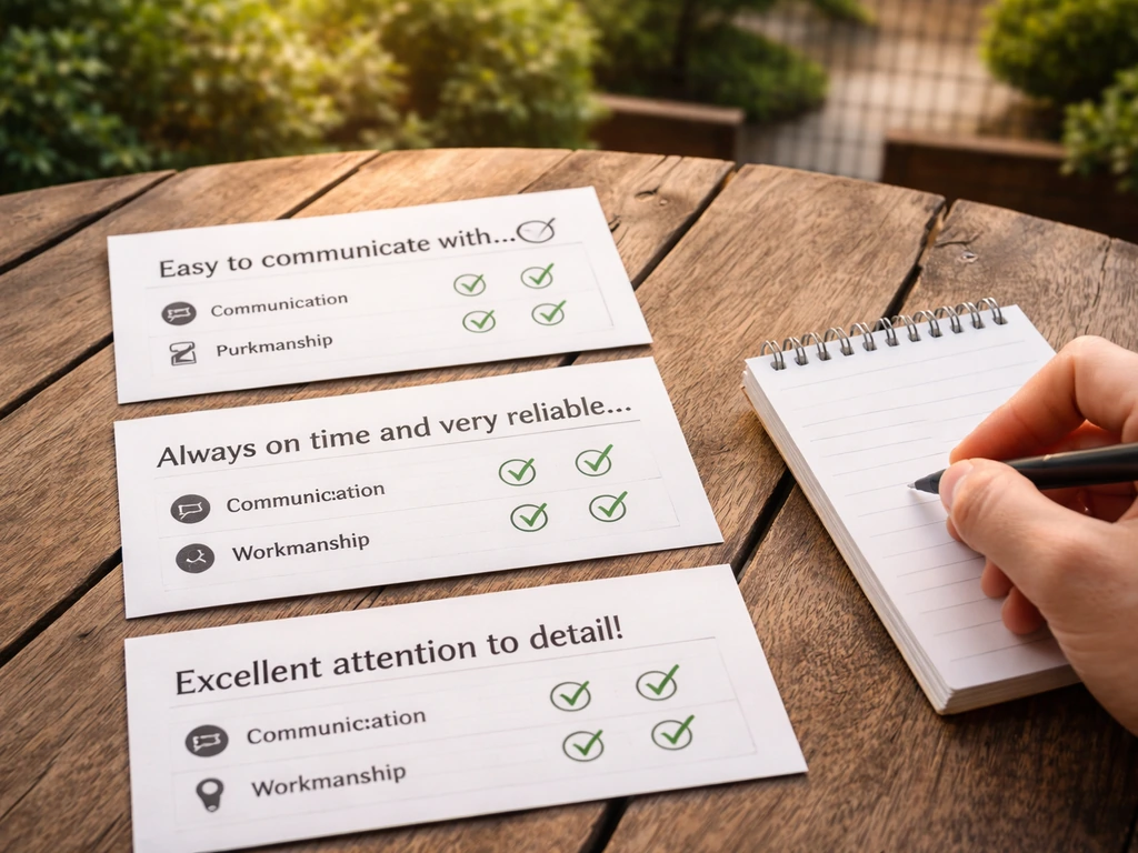 Close-up of a hand holding a notepad with neatly arranged review-style excerpts and three labeled callouts