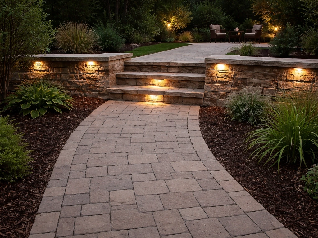 Staged patio hardscape with paver walkway, retaining wall and steps, and warm outdoor lighting.