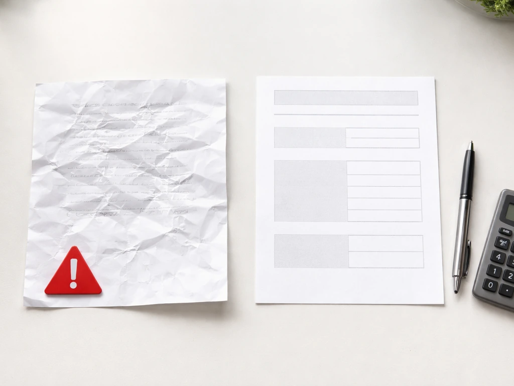 Desk with two unlabeled estimate pages and a small red warning triangle indicating an undetailed proposal.