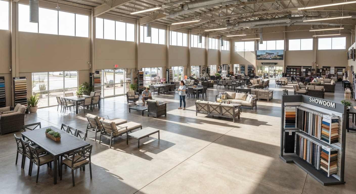 Interior view of a spacious patio furniture showroom with arranged outdoor furniture sets, cushion fabric racks, and a staff member assisting a customer.