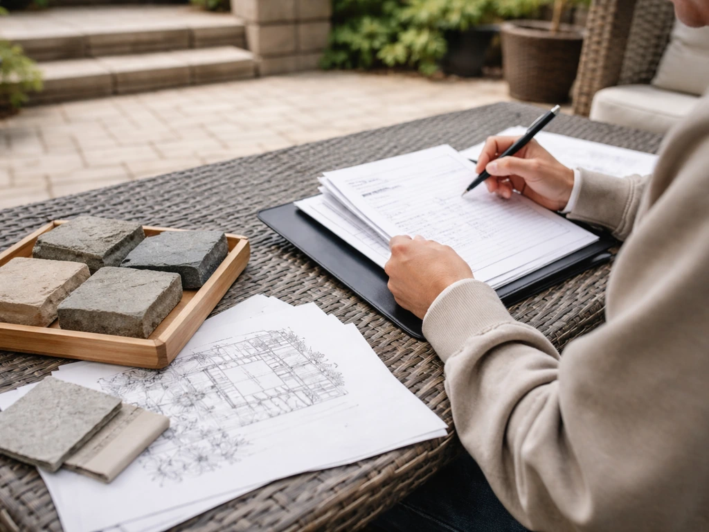 Anonymous person comparing patio contractor quotes with notes, sketches, and small paver/stone samples on a patio table.