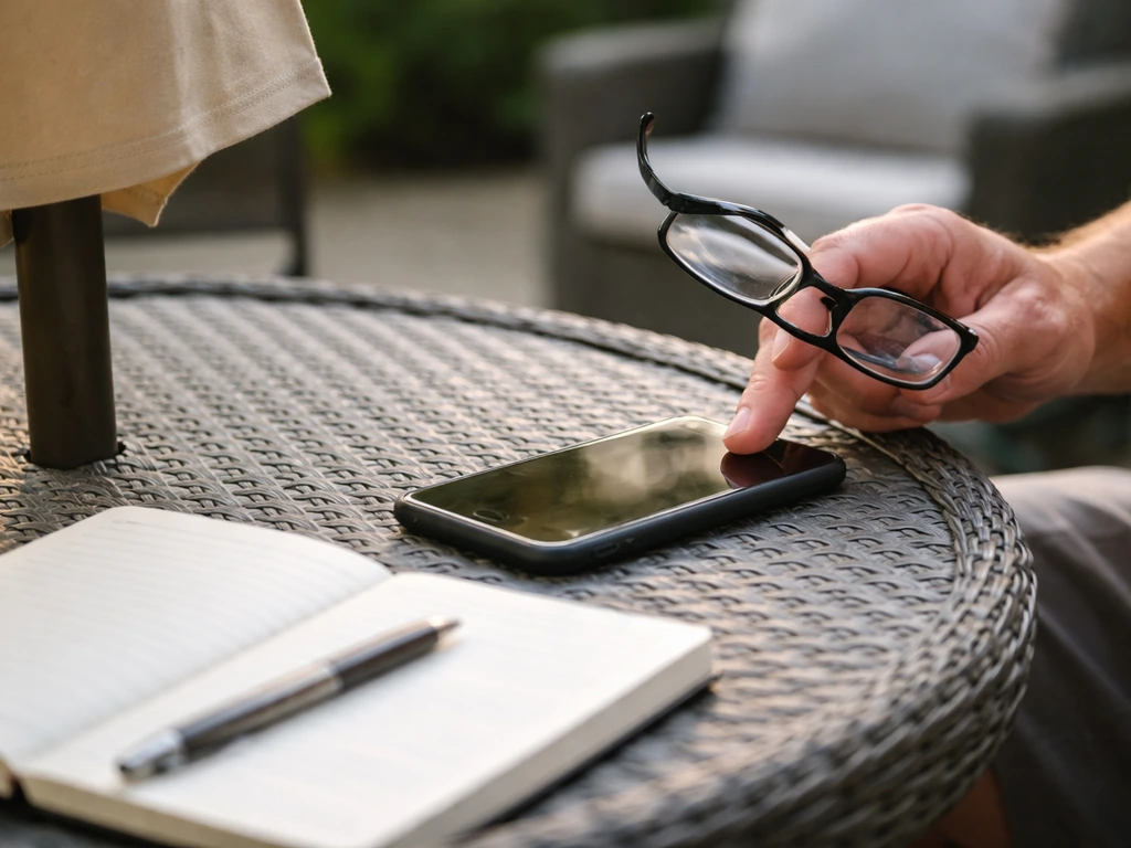 Hand with glasses reviews a patio company on a smartphone on an outdoor patio table, no readable text.