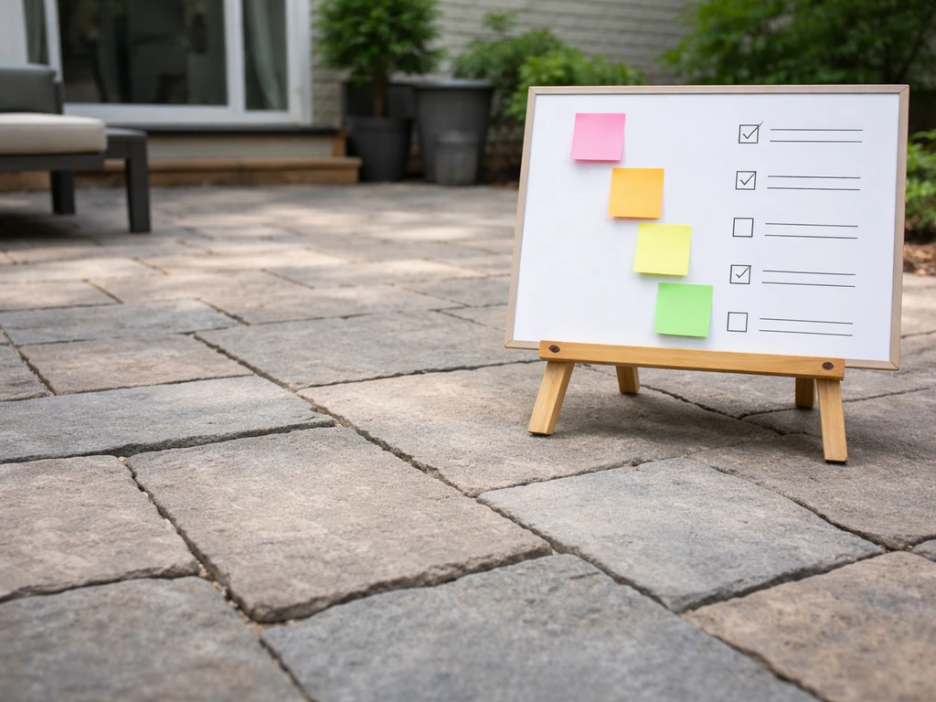 Close-up of uneven patio pavers beside a split comparison board suggesting quote escalation.