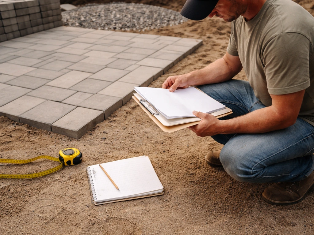 Anonymous contractor reviews license/insurance and warranty documents outdoors with measuring tape and notes.