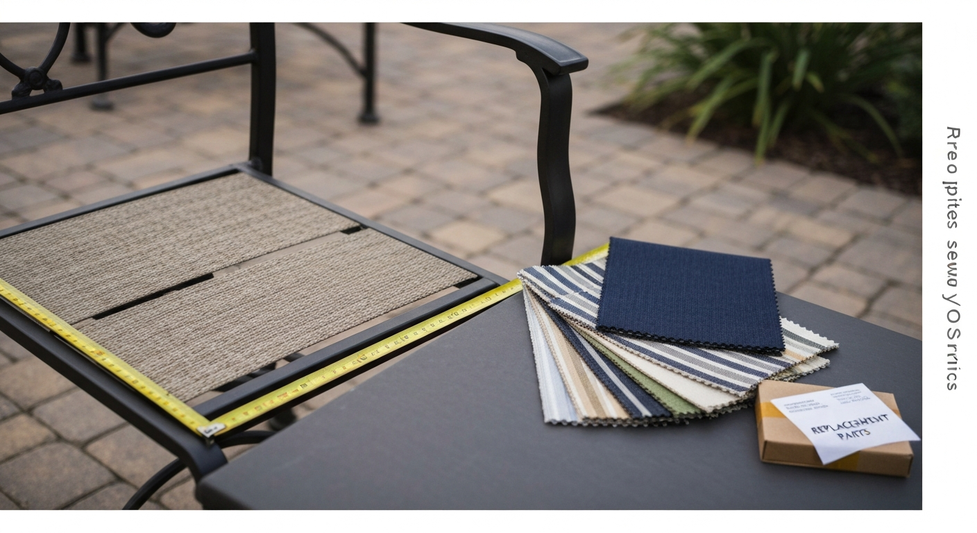 Close-up of a patio chair frame with a partially installed custom sling, measuring tape, and fabric swatches on a neutral patio background.
