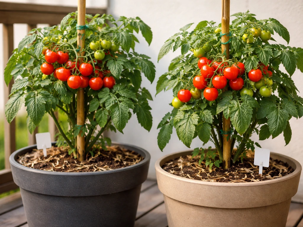 Two compact cherry tomato plants in patio containers, side-by-side with ripe clusters ready to harvest.