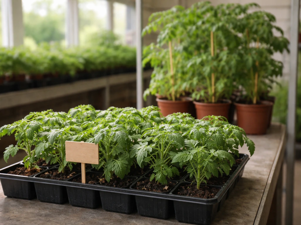 Compact “patio” tomato starts in the foreground, taller tomato plant in soft focus behind them.