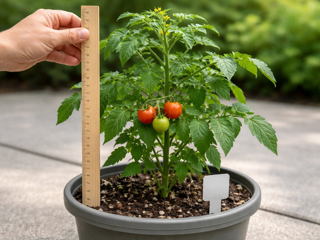 A patio tomato plant in a container with a hand-held ruler showing ~2 ft height and a small fruit cluster.