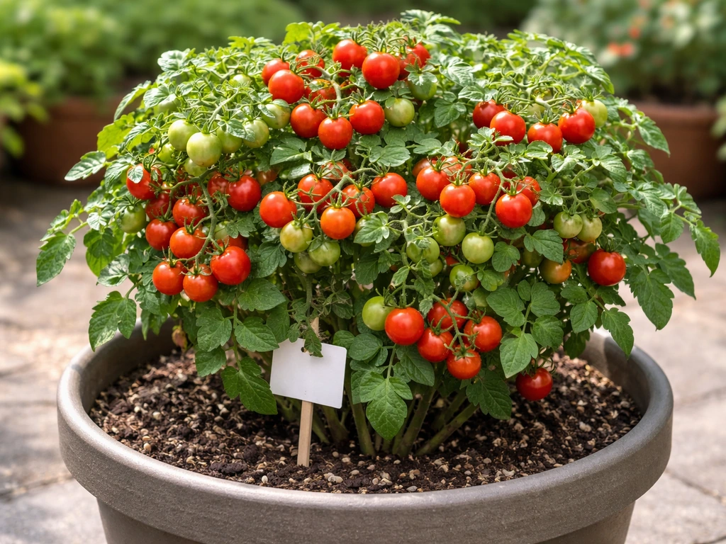 Compact dwarf tomato plant in a patio container with many small fruit clusters and a blank variety tag.
