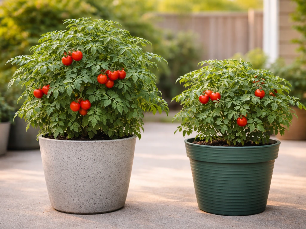Two dwarf tomato plants in side-by-side patio containers showing different heights and fruit load.