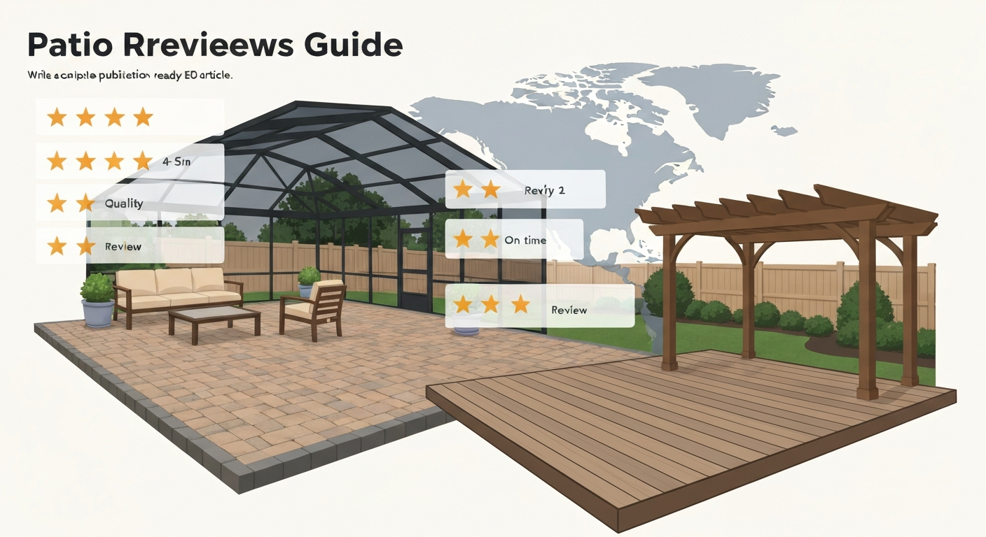 Illustrated backyard montage (pavers, composite deck, pergola, screened enclosure) with overlayed star ratings and short review snippets, suggesting a continental patio review guide.