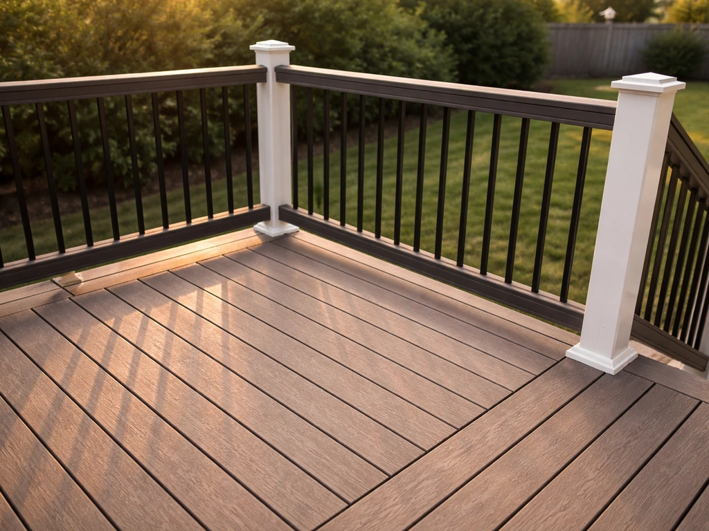 Completed deck and patio in a suburban backyard, showing deck boards and railing lines in sharp detail.