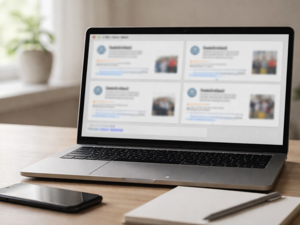 Minimal office desk with a laptop showing indistinct blurred search results for similarly named companies