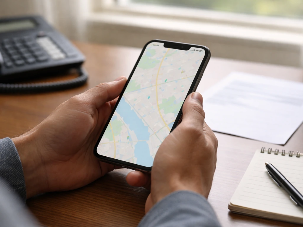 Person comparing a local business listing on a smartphone with a nearby address in the background