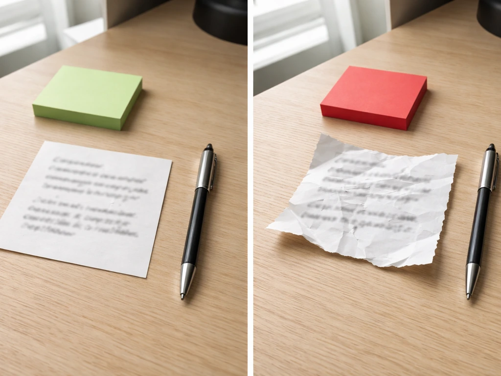 Minimal split desk scene with green vs red sticky notes and blurred non-readable review papers.