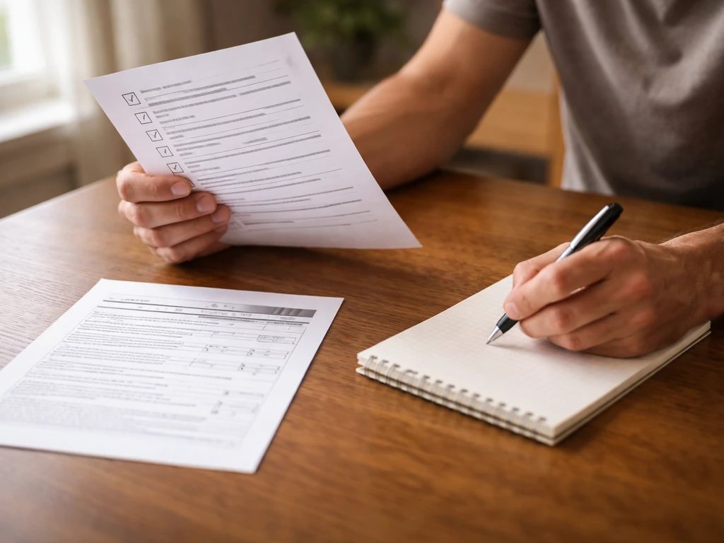 Homeowner at a kitchen table reviewing a checklist and verifying license/permit documents before hiring.