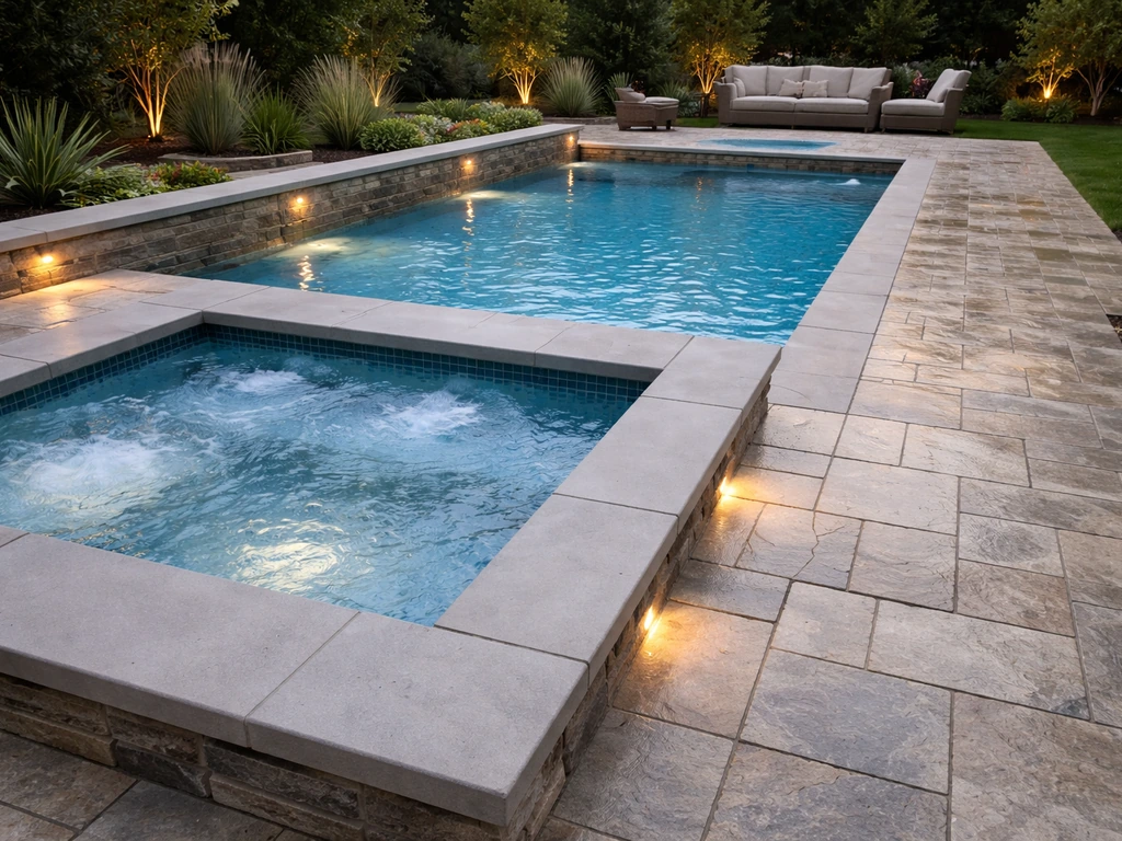 Inviting outdoor patio beside a clean pool/spa with warm lighting and well-finished stone surfaces
