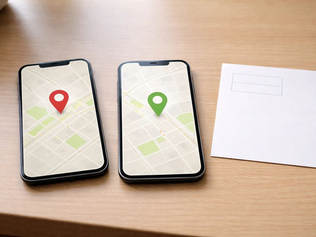 Minimal desk scene with two phones showing different location pins for verifying the correct address.