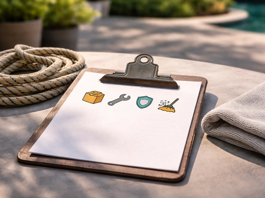 Close-up of patio/outdoor delivery checklist icons on a clean outdoor service clipboard, no text