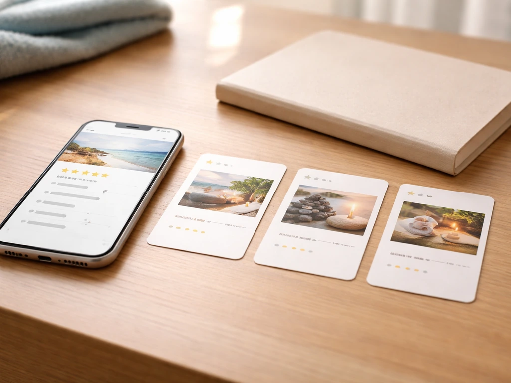 Minimal photo of a smartphone beside two spa brochure cards and a small notebook, suggesting comparing reviews.