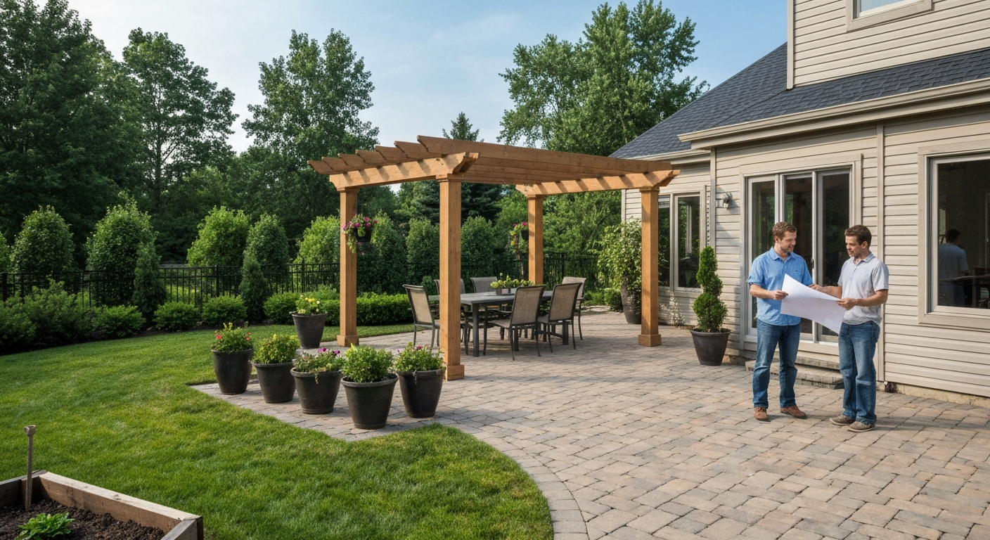 Wide-angle photorealistic patio scene showing a stone paver patio, pergola, planters, and a contractor reviewing blueprints with a homeowner.