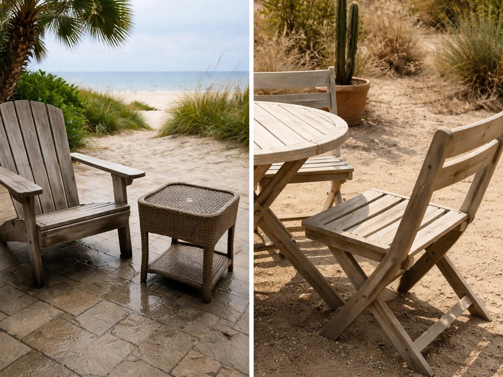 Minimal split-screen photo of two empty patios—one coastal with wet wood, one arid with dry cracks.