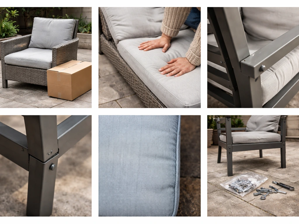 Five small patio furniture scenes showing delivery delays, comfort, durability, fading, and assembly issues.