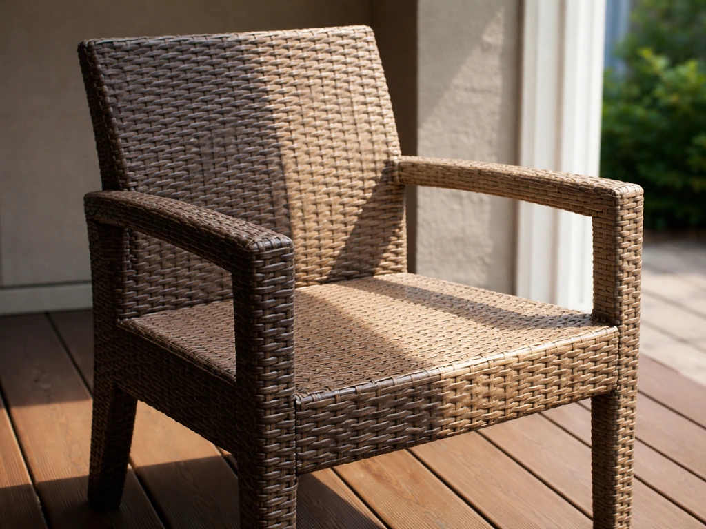 Outdoor wicker chair showing sun-bleached fading on one side and darker shaded area on the other.