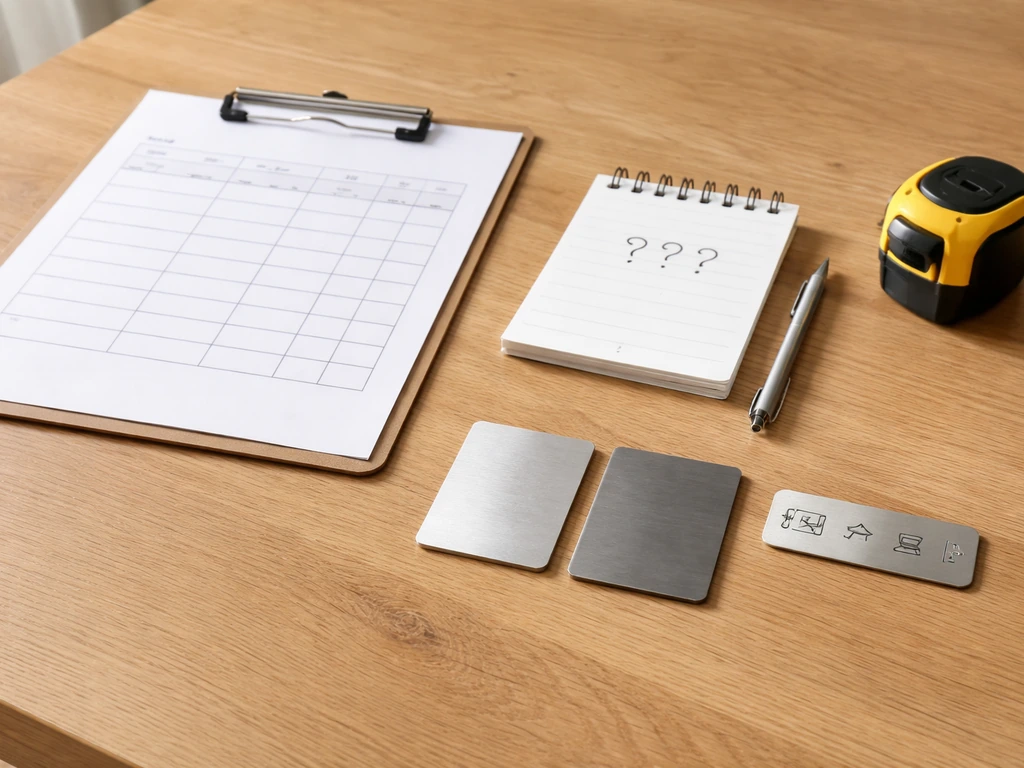 Minimal table scene with a patio furniture quote, blank notepad, metal swatches, and a tape measure.