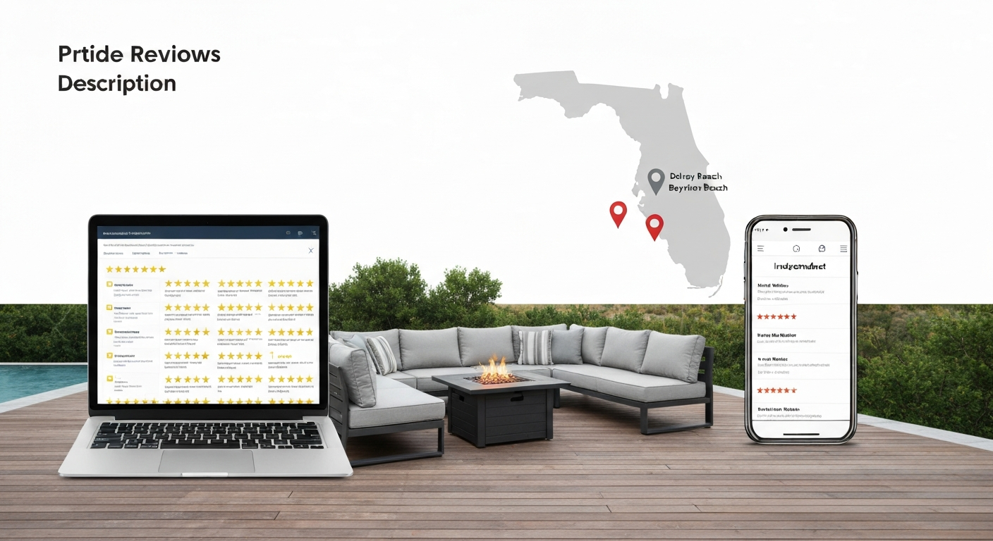Split editorial image showing many on-site 5-star reviews on left, a few independent 1-star reviews on right, with a patio fire pit scene and Florida location pins in the background.