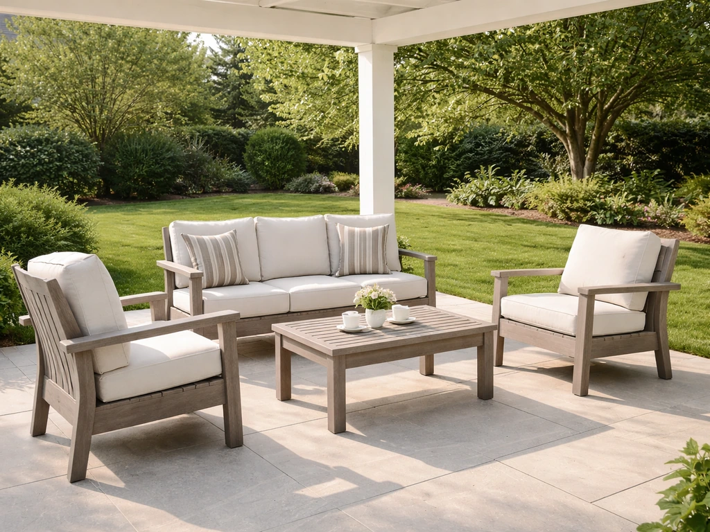 Bright backyard patio with premium faux-wood poly lumber outdoor furniture in neat arrangement.