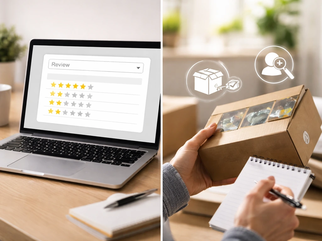 Minimal split-screen showing anonymous review-filter panel, star rating highlights, and shipping/fit issue symbols