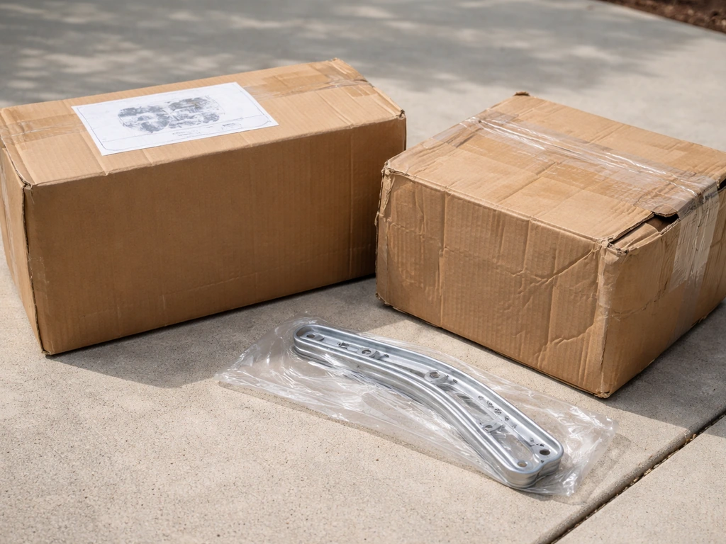 Outdoor furniture parts on a patio with mismatched boxes and a shipping label showing delay-stamp style mark.