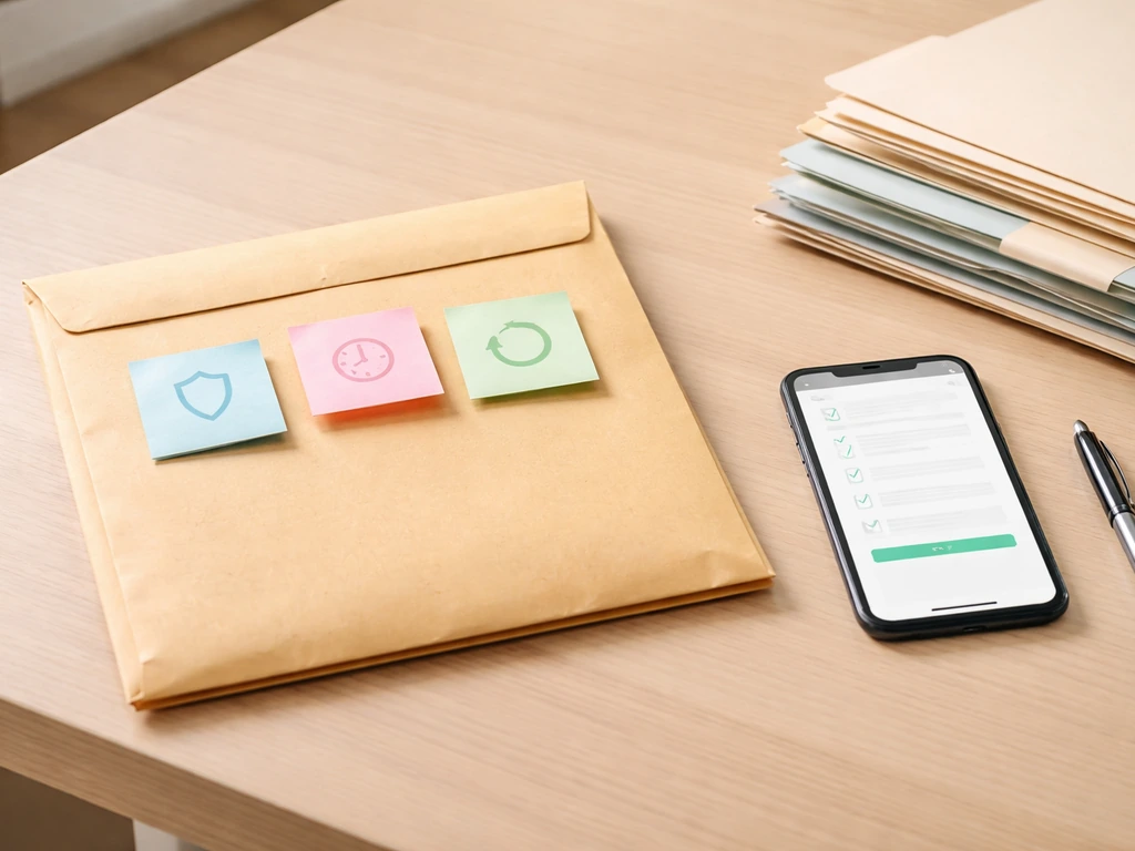 Light wood desk with documents folder and sticky-note checklist beside a phone showing a generic order review.