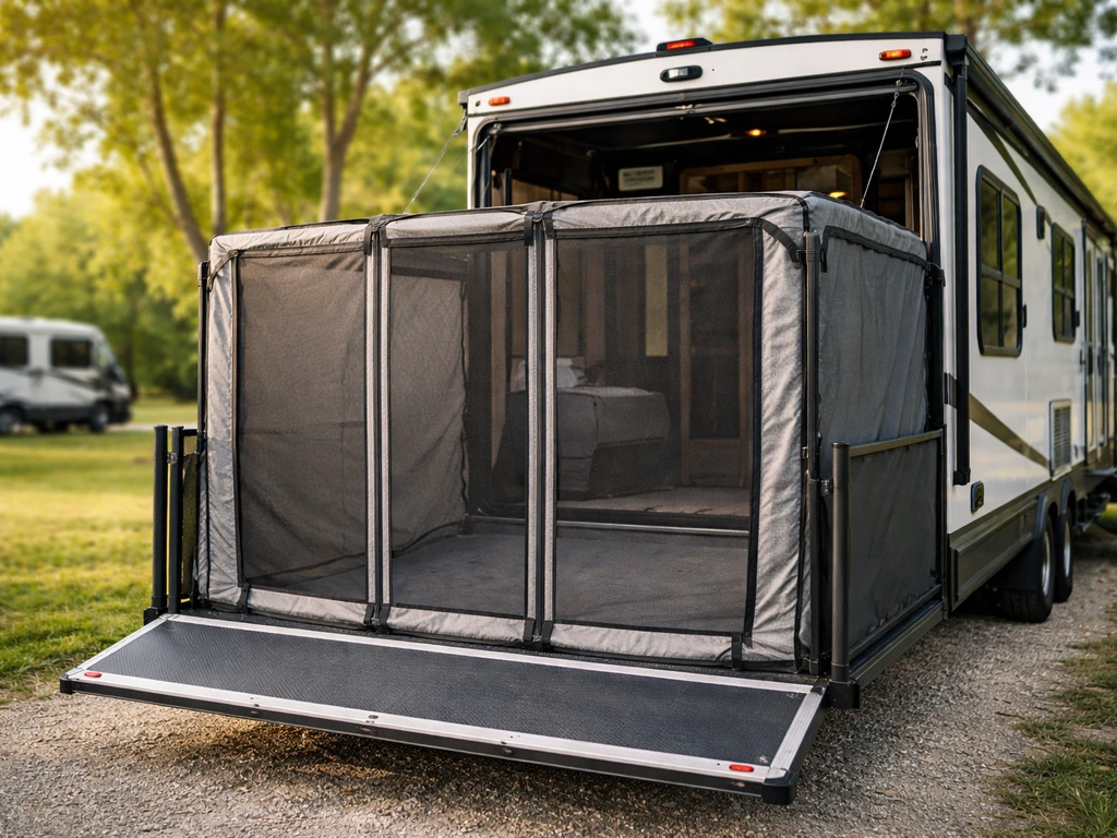 Wide photo of a toy hauler patio door area with an inflated Morryde PatioEx screen and privacy shade.