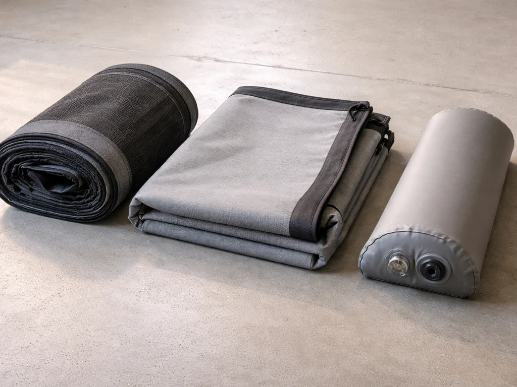 Close-up of patio enclosure components: mesh screen, privacy shade fabric, and inflatable beam with valve area.
