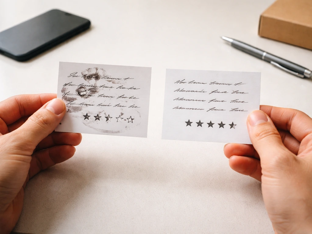 Two side-by-side anonymous review cards on a desk, contrasting poor dealer experience vs product performance.