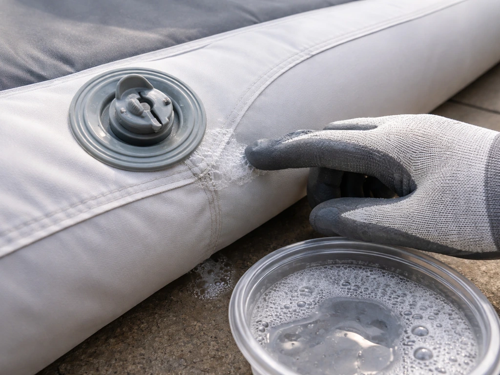 Close-up of an inflatable patio beam valve and seam being checked for air leaks with soapy water.