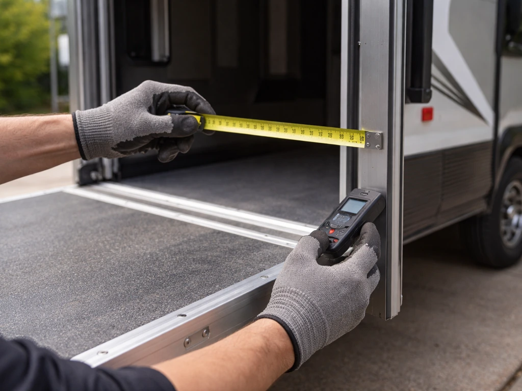 Gloved hands measuring a toy hauler ramp-door frame for an owner-installed RV accessory.